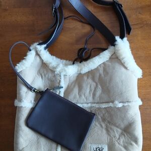 UGG Tan Shearling Shoulder Bag with Dark Brown Pouch